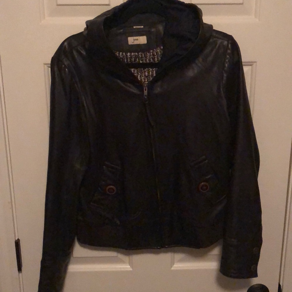 June chocolate brown leather bomber jacket w/ hood